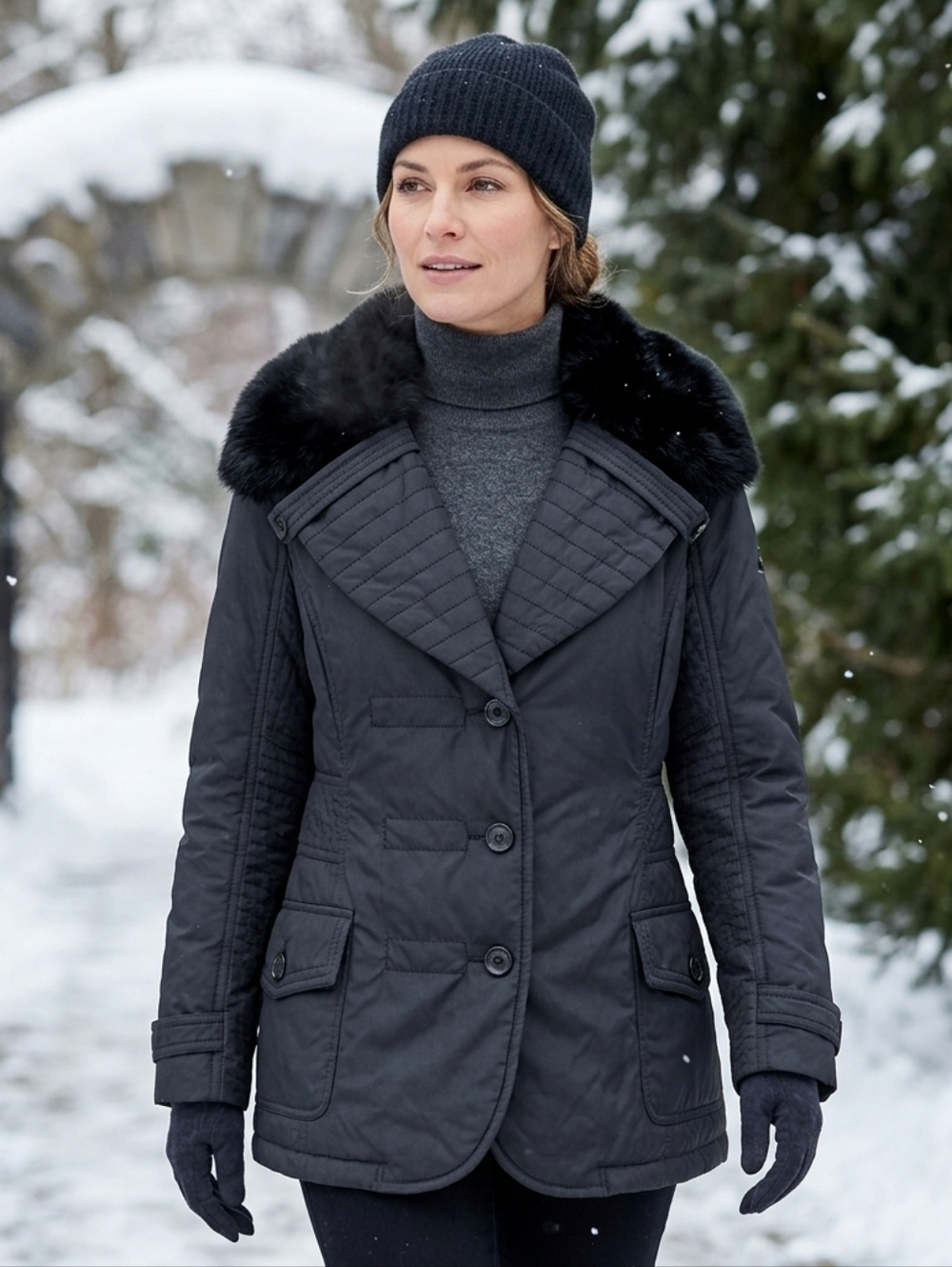 Evoluzione by Rosa Mori Black Winter Coat with Rabbit Fur Collar Size L